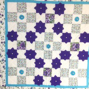 Quilt Wall Hanging Purple Blue Flowers Pearls Handmade Vintage 33" x33"